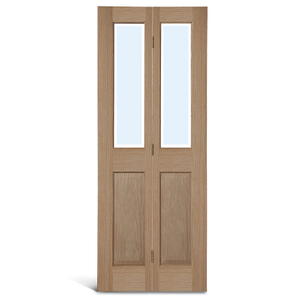 Puerta plegable de vidrio de roble con parte superior cuadrada de 4 paneles