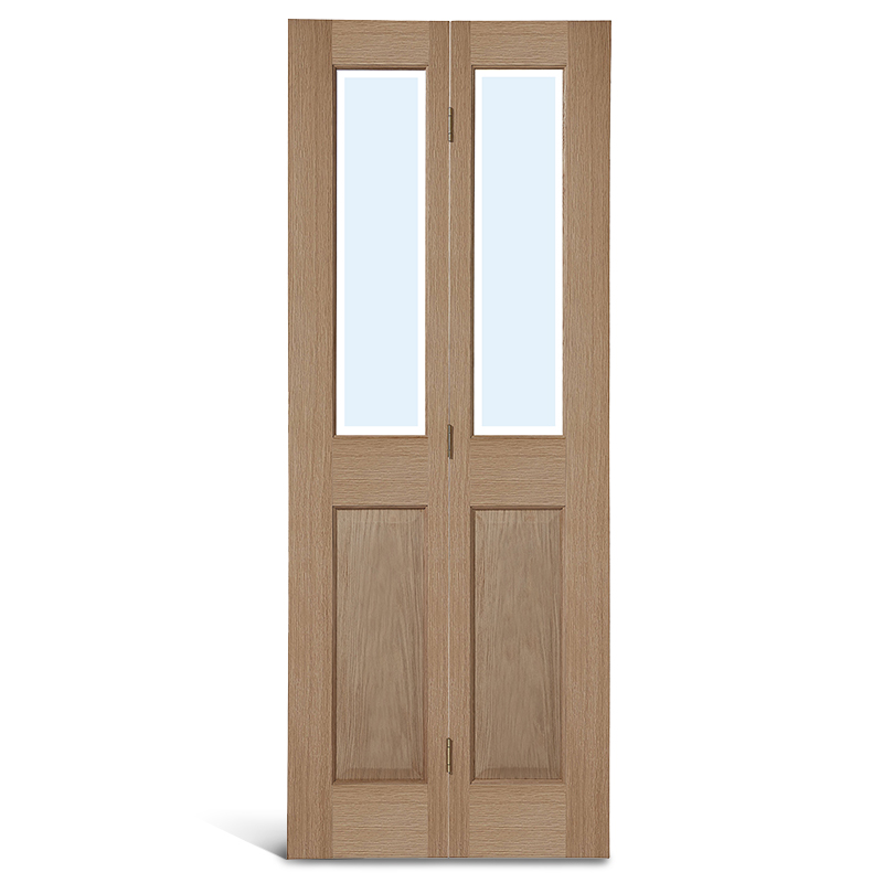 Puerta plegable de vidrio de roble con parte superior cuadrada de 4 paneles